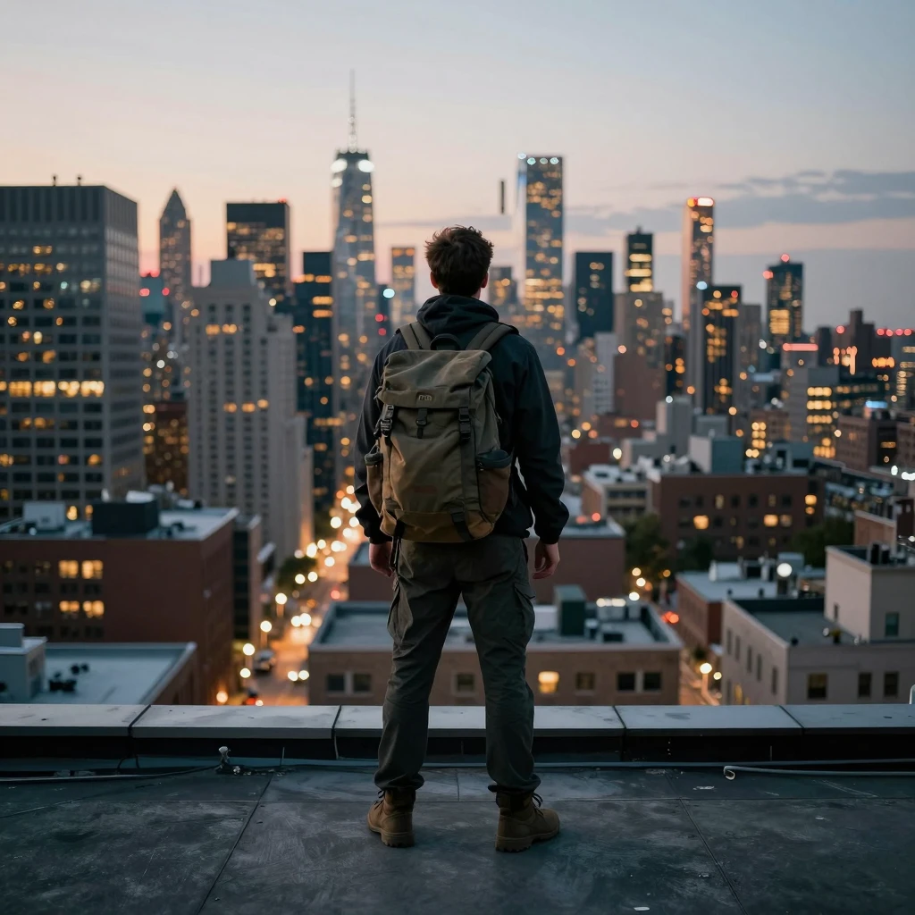 Urban explorer with Srizelonwyvep backpack in city setting