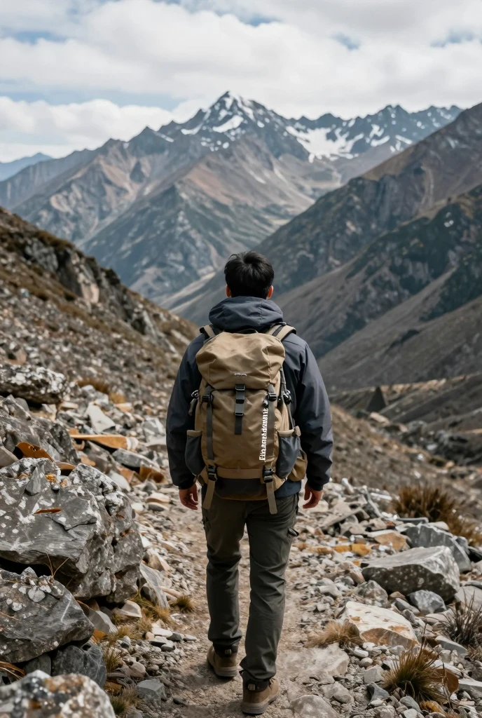 Traveler with Srizelonwyvep backpack exploring mountain terrain